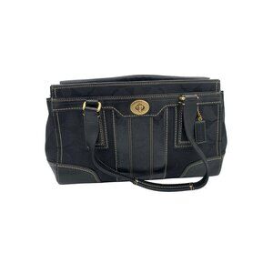 Coach Black Signature Canvas & Leather Satchel Bag With Gold Turn Lock Closure